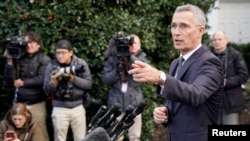 NATO Secretary General Jens Stoltenberg speaks to reporters after meeting with U.S. President Donald Trump at the White House in Washington, Nov. 14, 2019. 