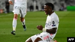 Vinicius Junior du Real Madrid célèbre son but contre Liverpool, Espagne, le 6 avril 2021.