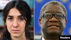A combination picture shows the Nobel Prize for Peace 2018 winners: Yazidi survivor Nadia Murad posing for a portrait at United Nations headquarters in New York, March 9, 2017, and Denis Mukwege during an award ceremony to receive his 2014 Sakharov Prize at the European Parliament in Strasbourg, France, Nov. 26, 2014. 