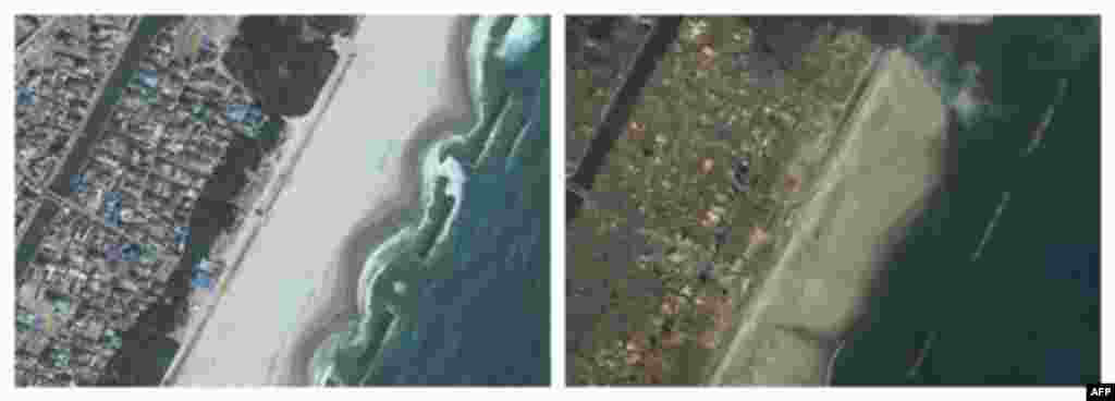 This combo made from images provided by GeoEye shows the Arahama area of Sendai, Japan on April 10, 2010, left, and March 12, 2011, after an 8.9-magnitude earthquake struck causing a tsunami that devastated the region. (AP Photo/GeoEye) MANDATORY CREDIT