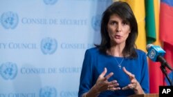 United States Ambassador to the United Nations Nikki Haley speaks to reporters after a Security Council meeting on the situation in the Middle East, Feb. 16, 2017 at U.N. headquarters. 