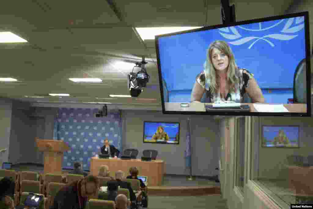 Hilde Johnson, Special Representative of the Secretary-General and Head of the UN Mission in the Republic of South Sudan (UNMISS), holds a video press conference from Juba, South Sudan on Dec. 26, 2013.