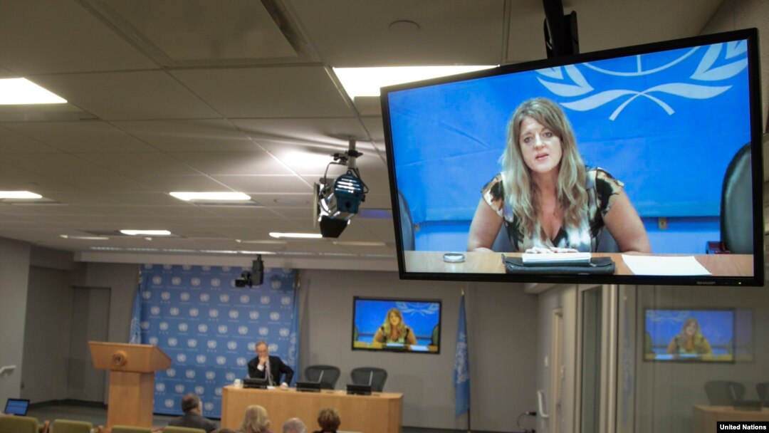 Hilde Johnson, Special Representative of the Secretary-General and Head of the UN Mission in the Republic of South Sudan (UNMISS), holds a video press conference from Juba, South Sudan on Dec. 26, 2013.