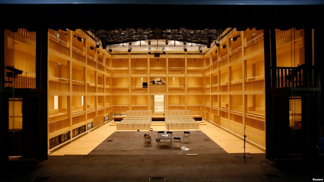FILE - A general view shows the interior of the Gdansk Shakespeare Theater. The new Elizabethan-style theater opened in Gdansk earlier this month on the site of a building that showed Shakespeare's plays during his lifetime in the Baltic Sea city.