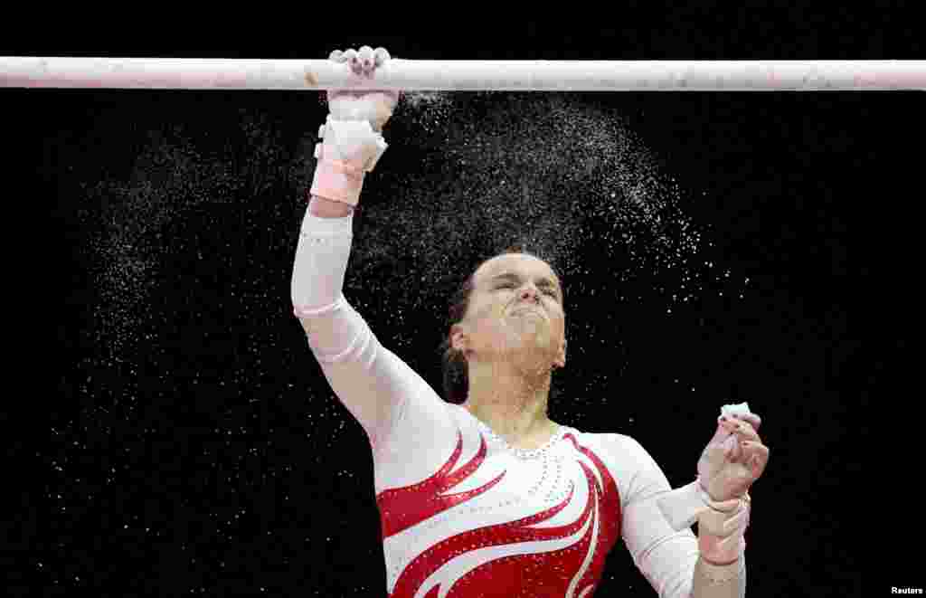 Anastasia Dubova of Latvia competes in the Artistic Gymnastics women&#39;s team qualification during the 2018 European Championships in Glasgow, Scotland.
