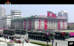 In this image made from video provided by North Korean broadcaster KRT, missiles are displayed during a parade at Kim Il Sung Square in Pyongyang, April 15, 2017.