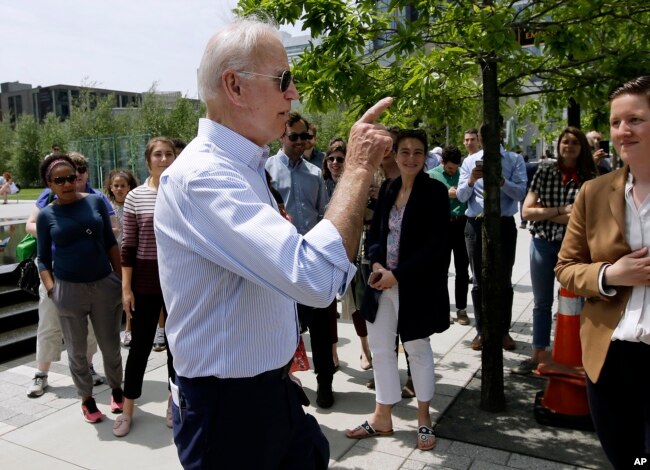 Former U.S. vice president and Democratic presidential candidate Joe Biden speaks to people in downtown Boston, Massachusetts, June 5, 2019.