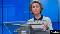 European Commission President Ursula von der Leyen speaks during a news conference following an EU Summit video conference at the European Council building in Brussels, Belgium, November 19, 2020. Olivier Matthys/Pool via REUTERS