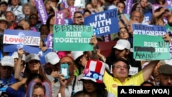 Not all Bernie Sanders supporters stood with Hillary Clinton at the Democratic National Convention in Philadelphia July 25, 2016 (A. Shaker/VOA)