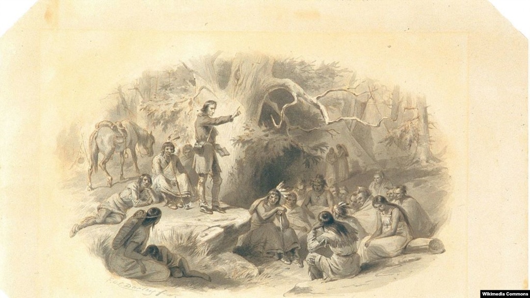 Ink drawing by 19th Century artist F.O.C. Darley shows Puritan missionary John Eliot preaching to Natives in the Massachusetts Bay Colony
