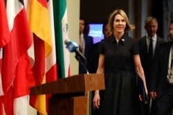 New U.S. Ambassador Kelly Night Craft walks to the podium to address the press after attending her first Security Council meeting, at United Nations headquarters, in New York, Sept. 12, 2019.