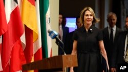 New U.S. Ambassador Kelly Craft walks to the podium to address the press after attending her first Security Council meeting, at United Nations headquarters, in New York, Sept. 12, 2019. 