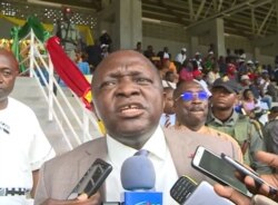 FILE - Bernard Okalia Bilai, governor of the English speaking southwest region speaks to reporters in Buea, Dec. 25, 2019. (Moki Edwin Kindzeka/VOA)