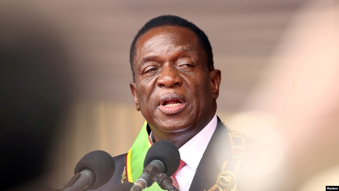 FILE: Emmerson Mnangagwa speaks after being sworn in as Zimbabwe's president in Harare, Zimbabwe, Nov. 24, 2017. 