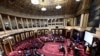 Senators gather for a plenary session of Belgium's Senate at the Federal Parliament in Brussels on February 21, 2025.