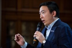 Democratic presidential candidate entrepreneur Andrew Yang speaks during the Higher Education Forum – College Costs &amp; Debt in the 2020 Elections, Feb. 6, 2020, at the University of New Hampshire in Concord, N.H.