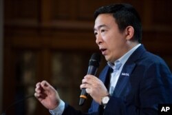 Democratic presidential candidate entrepreneur Andrew Yang speaks during the Higher Education Forum – College Costs &amp; Debt in the 2020 Elections, Feb. 6, 2020, at the University of New Hampshire in Concord, N.H.