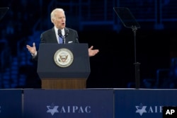 Vice President Joe Biden addresses the American Israel Public Affairs Committee (AIPAC) Policy Conference in Washington, Sunday, March 20, 2016.