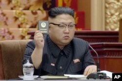In this image made from video released by North Korean broadcaster KRT April 11, 2017, North Korean leader Kim Jong Un holds up the Supreme People's Assembly card in Pyongyang, North Korea.