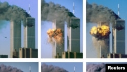 This series of photographs shows hijacked United Airlines Flight 175 as it approaches (upper L) and impacts the World Trade Center's south tower (L), bursting into flames and raining a hail of debris on lower Manhattan September 11, 2001. 