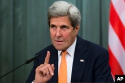 FILE - U.S. Secretary of State John Kerry speaking to the media.