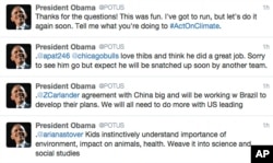 A screen grab shows Obama's answers to questions posted to his Twitter feed, May 28, 2015.