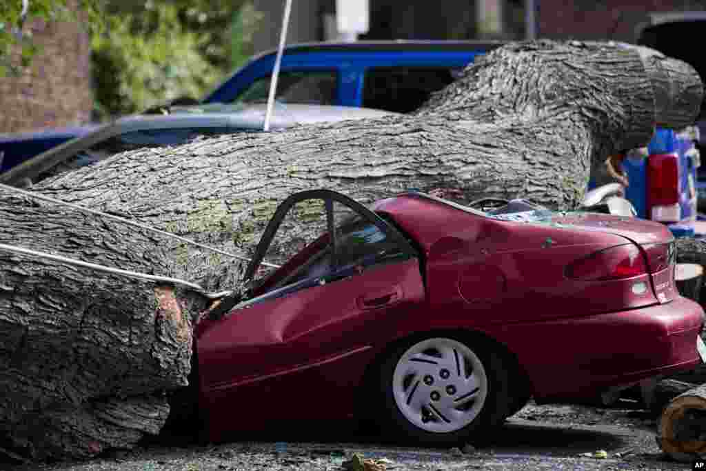 A downed tree lies atop a crushed car in Philadelphia. About 228,000 homes and businesses across Pennsylvania, USA, remain without power after severe thunderstorms raced across the state.