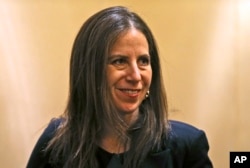 FILE - Sigal P. Mandelker, the undersecretary for terrorism and financial intelligence at the U.S. Treasury, talks to journalists at a press briefing in Dubai, United Arab Emirates, July 12, 2018.