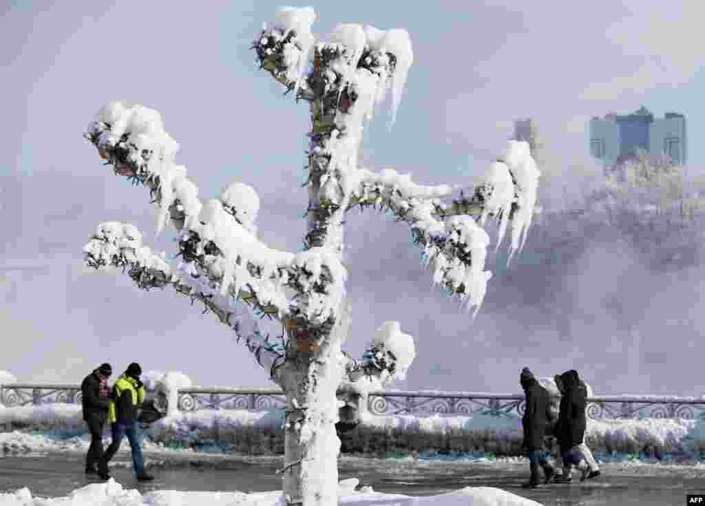 People walk by trees covered with ice from the mist of the falls in Niagara Falls, Ontario, Canada.