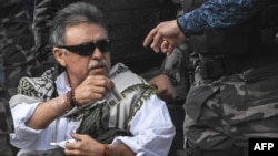 Colombian FARC political party member Jesus Santrich being released from La Picota prison in Bogota, Colombia, May 17, 2019. Santrich, wanted by the United States on drug trafficking charges, was immediately rearrested.