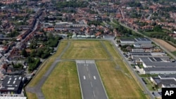 FILE - An aerial view shows a runway at Flanders International Airport in Wevelgem, Belgium, May 8, 2018.