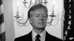 FILE - President Jimmy Carter as he appeared at the White House in Washington on April 11, 1980. 