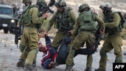 Israeli soldiers detain a wounded Palestinian stone thrower after infiltrated members of the Israeli security forces shot at fellow protesters during clashes in Beit El, on the outskirts of the West Bank city of Ramallah, on October 7, 2015. 