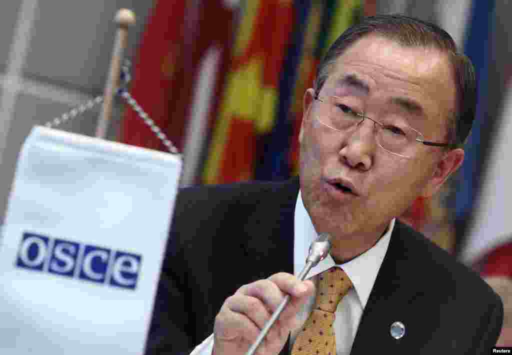 United Nations Secretary-General Ban Ki-moon addresses the Organization for Security and Cooperation in Europe (OSCE) saying that the holding of pro-Russian separatist elections in eastern Ukraine was unfortunate, Vienna, Austria, Nov. 4, 2014. 