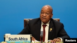 FILE - South Africa's President Jacob Zuma delivers a speech ahead of the signing ceremony of BRICS Business Council at 2017 BRICS Summit in Xiamen, Fujian province in China, Sept. 4, 2017. 