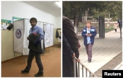 A combination picture shows a voter visiting polling station number 217, at left, and walking toward the entrance of polling station number 216, during the presidential election in Ust-Djeguta, Russia, March 18, 2018. The voter, asked by a Reuters reporter why he was voting a second time, said he had voted only once, and then he left the polling station.
