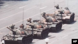 A man stands in front of tanks near Tiananmen Square in June 1989.