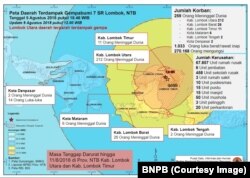 Peta Daerah Terdampak Gempa 7SR Lombok. (Foto: Humas BNPB)