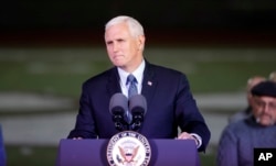 Vice President Mike Pence speaks during a prayer vigil for the victims of the Sutherland Springs First Baptist Church shooting, Nov. 8, 2017, in Floresville, Texas.