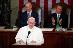 FILE - In this Sept. 24, 2015 photo, Pope Francis addresses a joint meeting of Congress on Capitol Hill in Washington, making history as the first pontiff to do so.