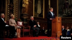 King Willem-Alexander of the Netherlands makes an address to Parliamentarians and other guests at the Palace of Westminster, during a State Visit, in London Britain, Oct. 23, 2018.