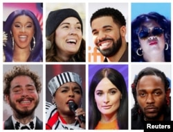 FILE - Grammy Award nominations in Album of the Year category includes artists in this combination photo; (Top L-R) Cardi B, Brandi Carlile, Drake and H.E.R., (Bottom L-R) Post Malone, Janelle Monae, Kacey Musgraves and Kendrick Lamar.