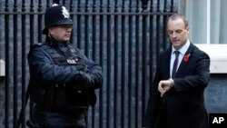 Dominic Raab, Secretary of State for Exiting the European Union, arrives at 10 Downing Street before a cabinet meeting in London, Britain, Oct. 29, 2018. 
