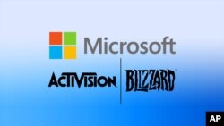 FILE: Graphic combining logos for Microsoft and Activision Blizzard. Uploaded Jan. 19, 2022.