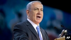 El primer ministro israelí, Benjamin Netanyahu, hablando, el lunes, ante el Comité de Asuntos Públicos Israelí Estadounidense.