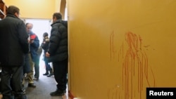 Blood stains are pictured at the Quebec Islamic Cultural Centre in Quebec City, Feb. 1, 2017. 