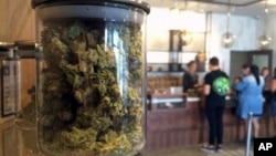 FILE - In this April 20, 2016, photo, customers buy products at the Harvest Medical Marijuana Dispensary in San Francisco. In November, the state's voters will decide whether to legalize the drug's recreational use.