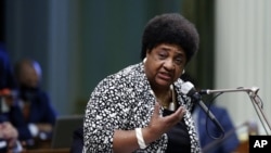 FILE - In this June 10, 2020 file photo Assemblywoman Shirley Weber, D-San Diego, talks at the Capitol in Sacramento, Calif. (AP Photo/Rich Pedroncelli, File)