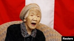 Kane Tanaka, 116 years old, celebrates during a ceremony to recognise her as the world's oldest person living and world's oldest woman living by the Guinness World Records in Fukuoka, Japan, March 9, 2019.