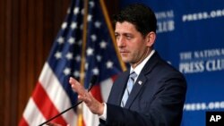 Ketua DPR AS, Paul Ryan asal Wisconsin, berbicara di depan National Press Club, Senin, 8 Oktober 2018 di Washington, D.C. (foto: AP Photo/Jacquelyn Martin)